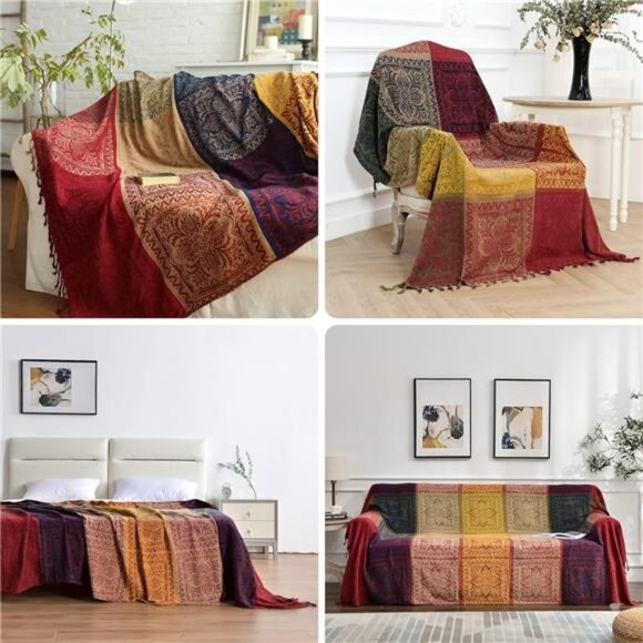 Boho Throw Blanket, Chenille Jacquard Tassels Throw Blankets for Bed Couch Soft - Picture 5 of 7